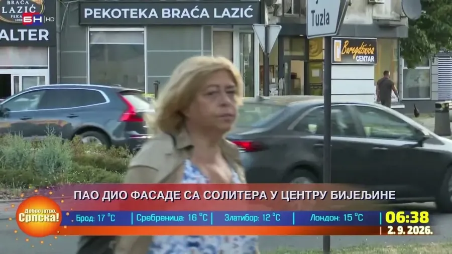 Пао дио фасаде са солитера у центру Бијељине